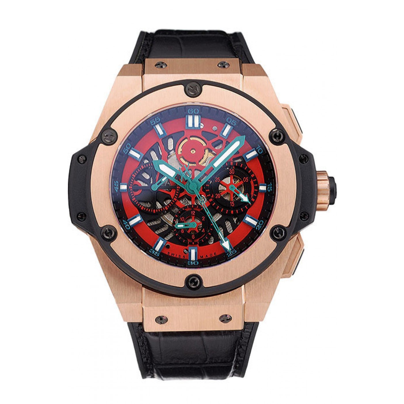 Swiss Hublot Big Bang Limited Edition Black And Red Dial Gold Case Black Leather Strap 62289